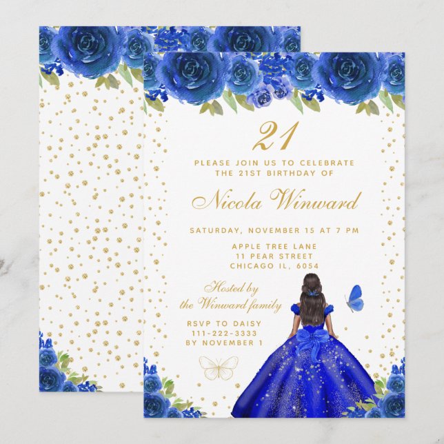 Convite Festa de Aniversário da Princesa de Pele Morena e  (Frente/Verso)