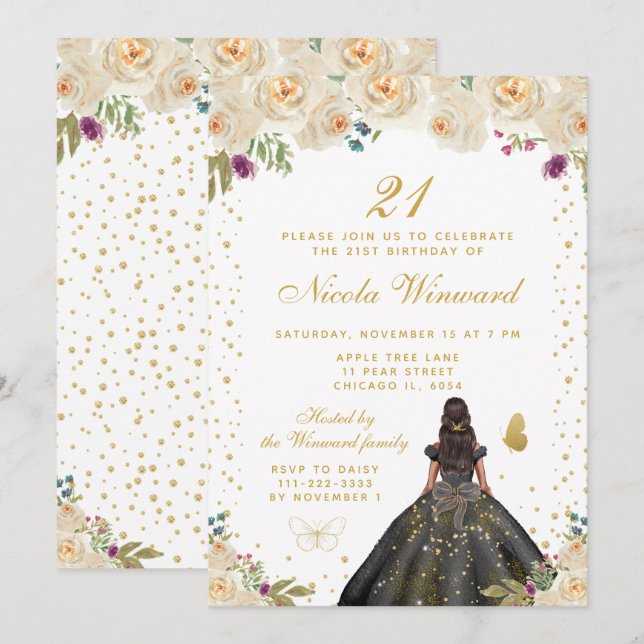 Convite Festa de Aniversário da Princesa de Pele Morena Fl (Frente/Verso)
