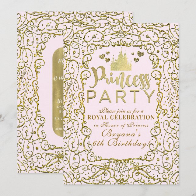 Convite Festa de Aniversário da Princesa do Castelo Rosa e (Frente/Verso)