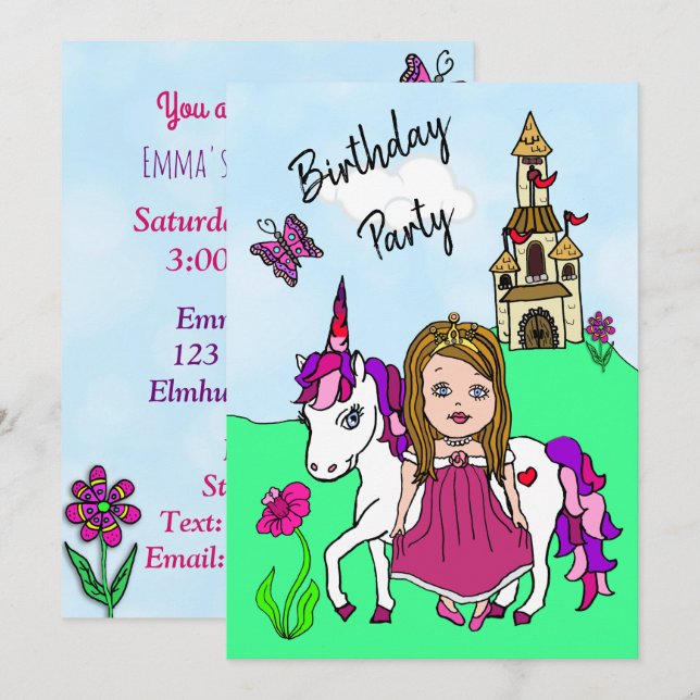Convite Festa de Aniversário da Princesa e Menina Unicórni (Frente/Verso)
