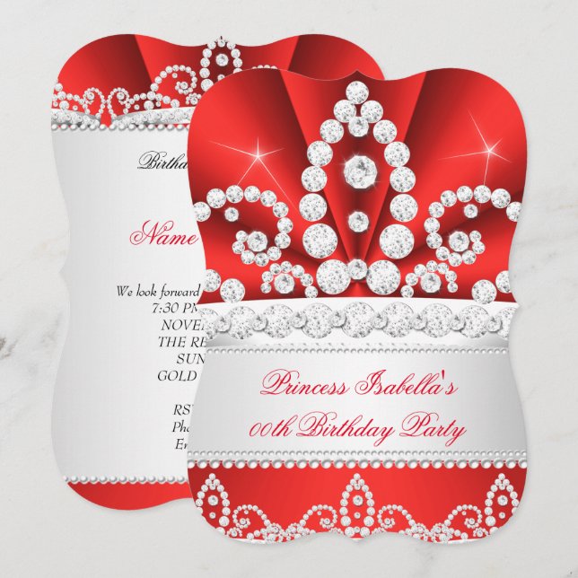 Convite Festa de Aniversário da Princesa Red Diamond Tiara (Frente/Verso)