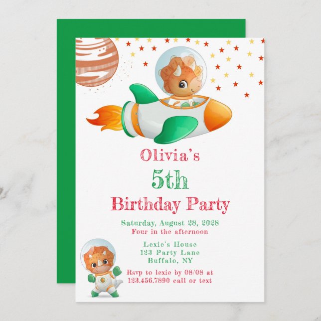 Convite Festa de aniversário da Rapariga do Dinossauro Ast (Frente/Verso)