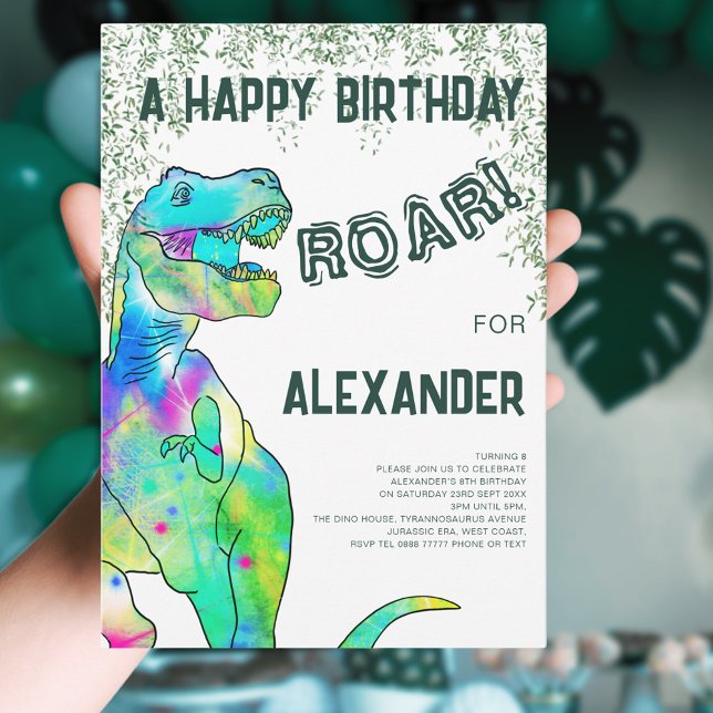 Convite Festa de Aniversário da Selva do Dinossaur T-Rex (Dinosaur T-Rex roar jungle birthday party invitation with modern green typography and colorful dino)