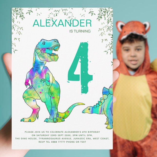 Convite Festa de Aniversário da Selva do Dinossauro (Dinosaur T-Rex 4th birthday party party colorful dino Jurassic jungle watercolor green and blue)