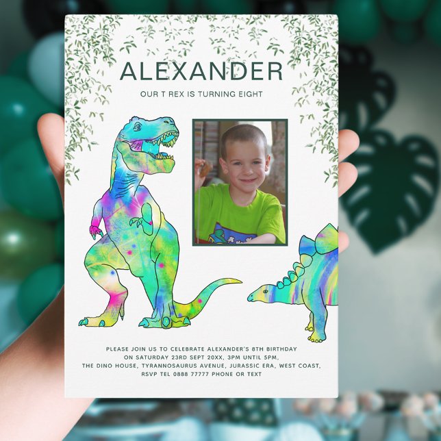 Convite Festa de aniversário da Selva do Dinossauro T-Rex (T-Rex dinosaur jungle photo template 8th birthday party invitation )