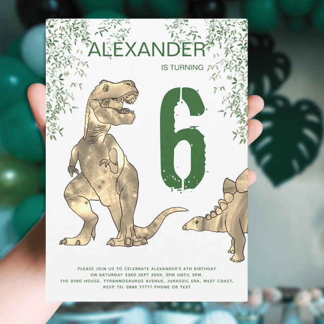 Convite Festa de aniversário da Selva do Dinossauro T-Rex (T-Rex and stegosaurus Dinosaur Jurassic jungle 6th birthday party invitation green and brown)