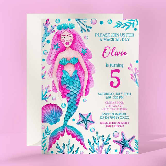 Convite Festa de aniversário da Sereia Rosa e Turquesa (Mermaid Pink and Turquoise Girl's Birthday Party Invitation)
