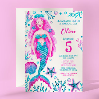 Convite Festa de aniversário da Sereia Rosa e Turquesa