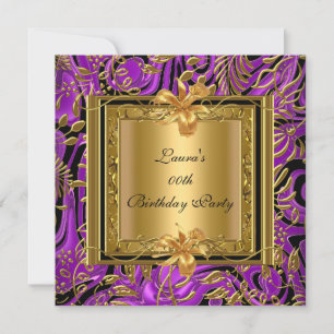 Convite Festa de Aniversário Damasco Dourado Roxo Ornament