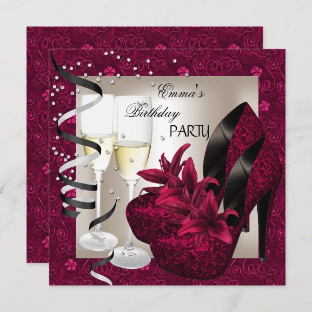 Convite Festa de aniversário Damask Pink Red Calçados Crem (Frente/Verso)