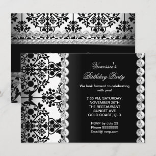 Convite Festa de Aniversário Damask Prata Preto Branco Flo
