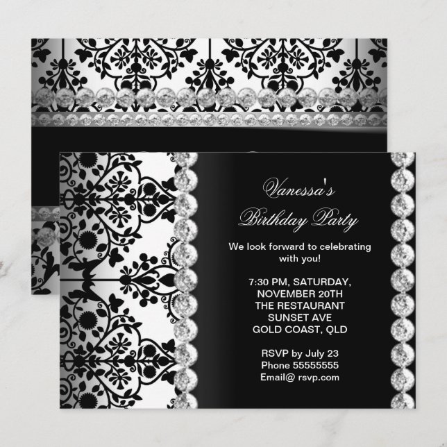 Convite Festa de Aniversário Damask Prata Preto Branco Flo (Frente/Verso)