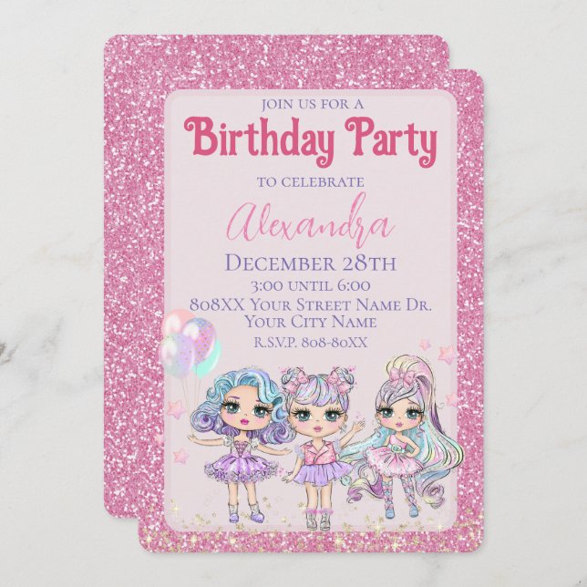 Convite Festa de aniversário das bonecas brilhantes cor-de (Frente/Verso)