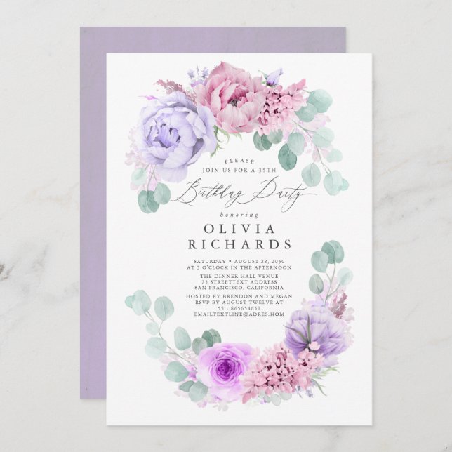 Convite Festa de aniversário das Flores Leves Púrpura e Ro (Frente/Verso)