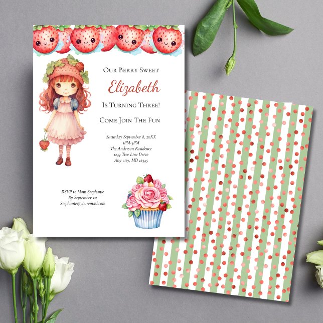 Convite Festa de Aniversário das Meninas Morango Doce  (Berry Sweet Strawberry Girls Birthday Party Invitation)