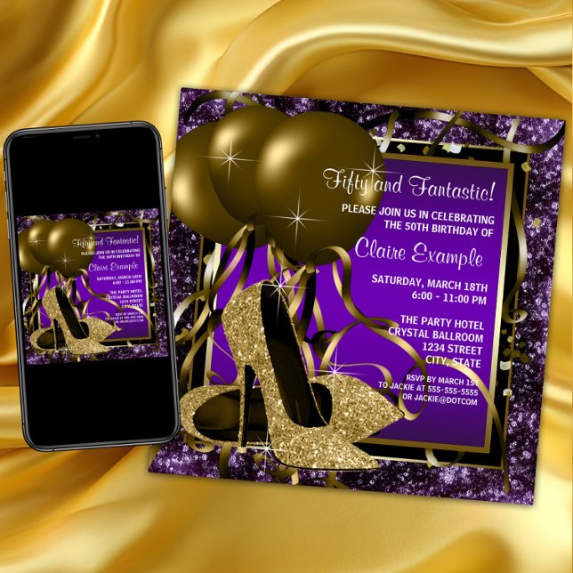 Convite Festa de Aniversário das Mulheres de Alto Salto Ro (Womans purple gold high heel shoe birthday party invitation. Purple and gold any number birthday.)
