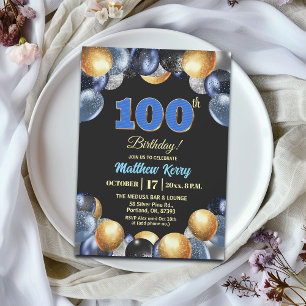 Convite Festa de Aniversário de 100 anos Azul Prata Dourad
