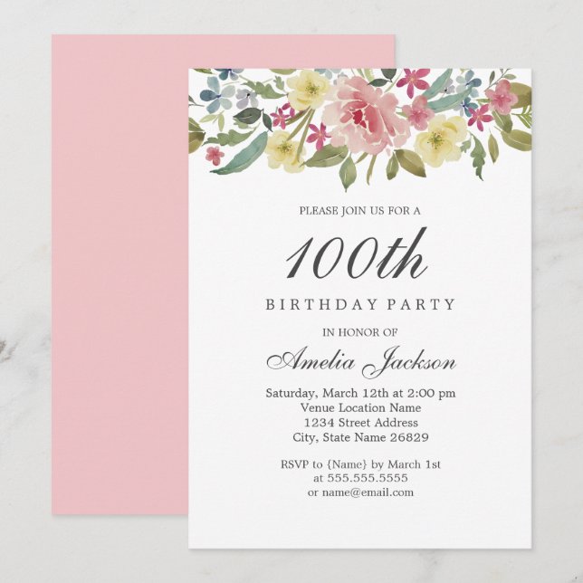 Convite Festa de Aniversário de 100 anos Blush Botanical W (Frente/Verso)