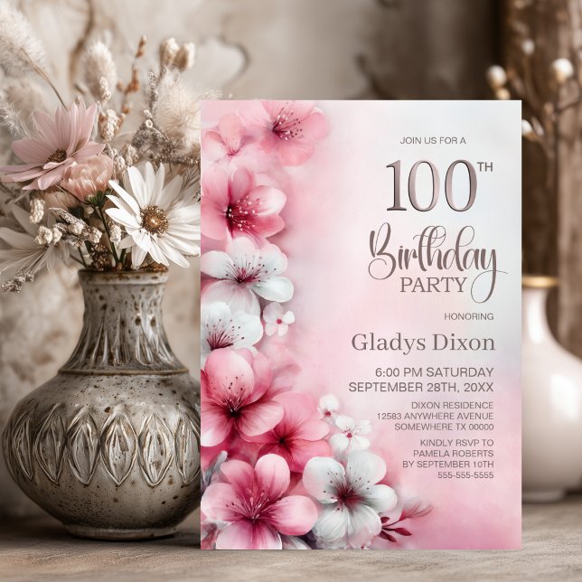 Convite Festa de Aniversário de 100 anos com Flores Rosa e (Criador carregado)