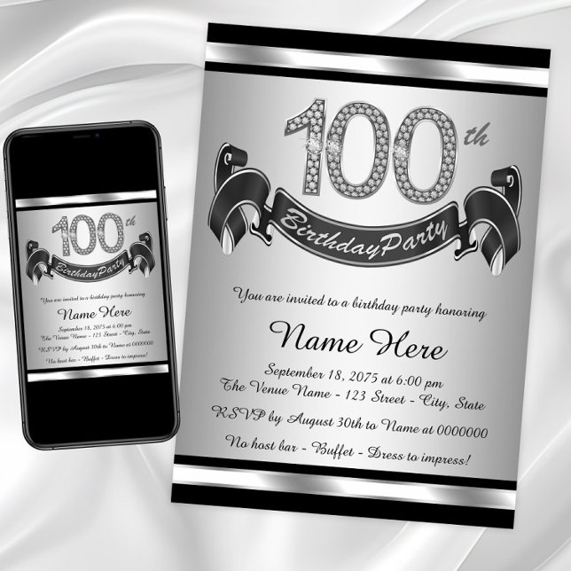 Convite Festa de Aniversário de 100 anos de Prata (100th birthday party invitation. Digital download and printed invitations available.)
