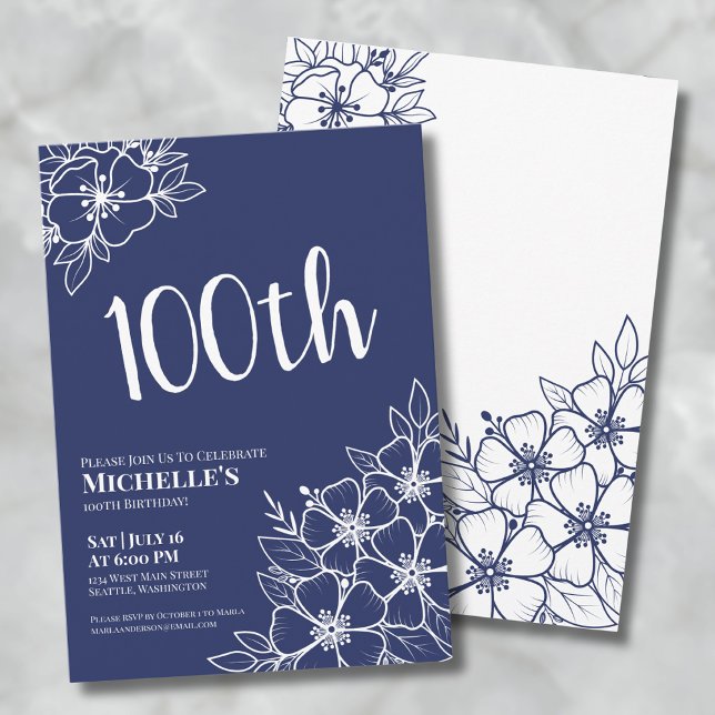 Convite Festa de Aniversário de 100 anos do Azul (Navy Blue 100th Birthday Party Invitation)