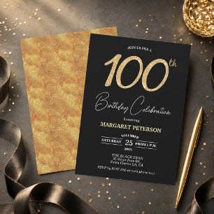 Convite Festa de Aniversário de 100 anos Elegante Preto Do