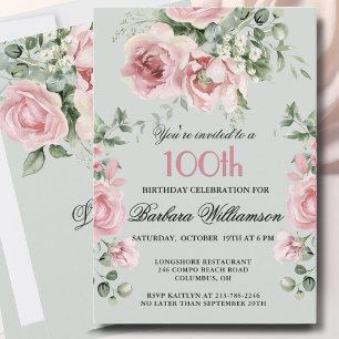 Convite Festa de Aniversário de 100 anos Elegantes Rosas P