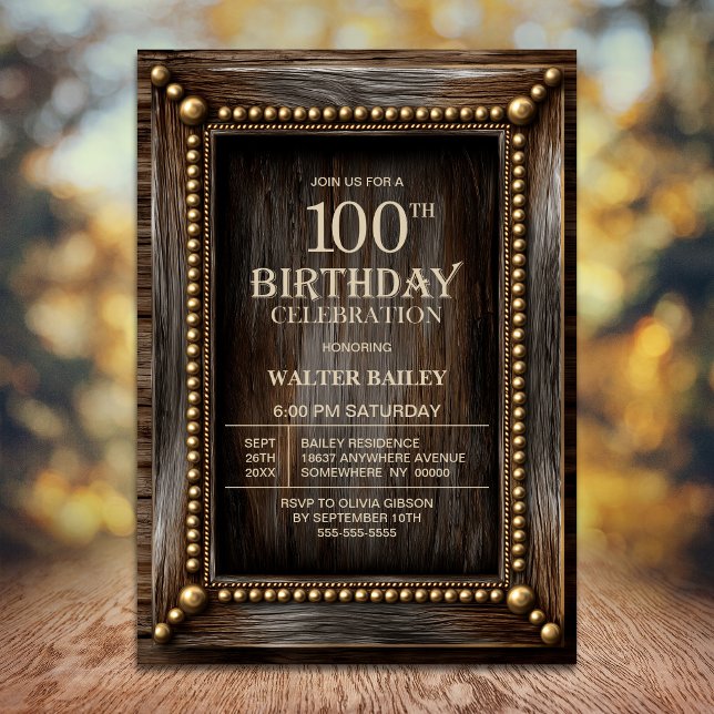 Convite Festa de Aniversário de 100 anos em Madeira Rústic (Criador carregado)