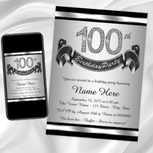 Convite Festa de Aniversário de 100 anos Prata