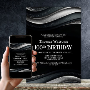 Convite Festa de Aniversário de 100 anos Preta e Prata Mod