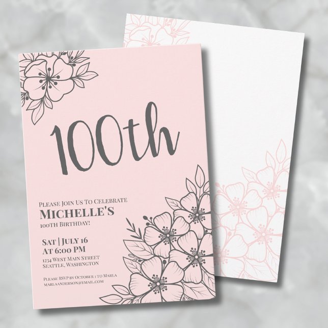 Convite Festa de Aniversário de 100 anos Rosa Rubor (Feminine Blush Pink 100th Birthday Party Invitation)