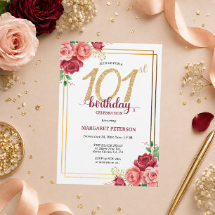 Convite Festa de Aniversário de 101 anos Elegante Blush Do