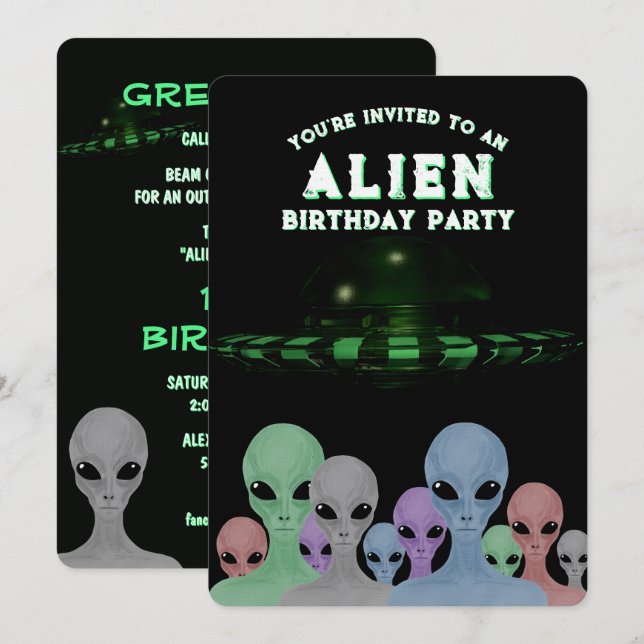 Convite Festa de Aniversário de 10 Anos com Alienígenas De (Frente/Verso)