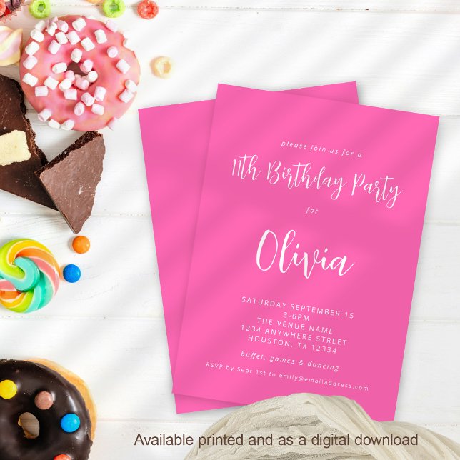 Convite Festa de aniversário de 11 Rosa Quente de Script M (Available digitally and printed)