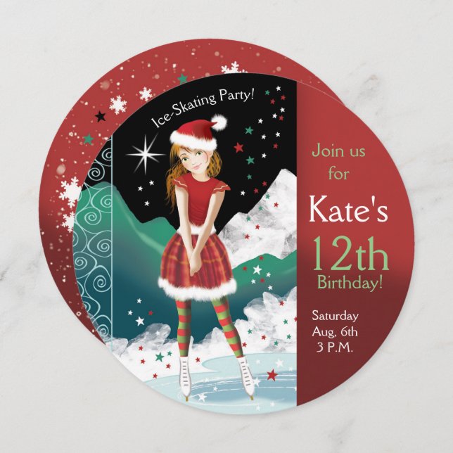 Convite Festa de aniversário de 12 de patinadora de gelo (Frente/Verso)
