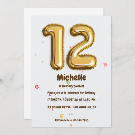 Convite Festa de aniversário de 12 Gold Foil Balloon e Con