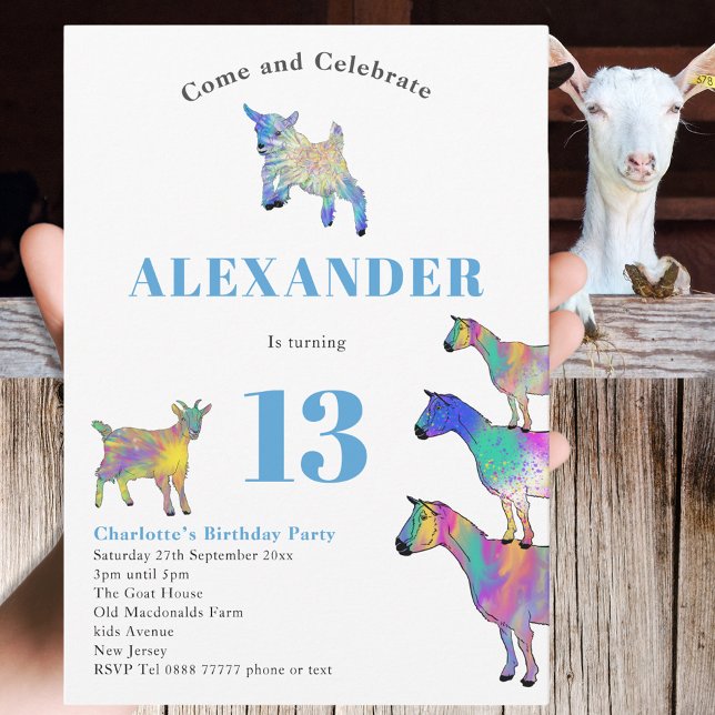 Convite Festa de aniversário de 13 para animais de caprino (Farm animal goat themed 13th birthday party invitation colorful animal art watercolor )