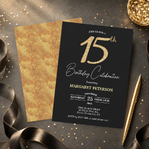Convite Festa de Aniversário de 15 Anos com Brilho Preto D