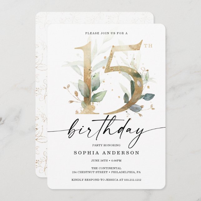 Convite Festa de aniversário de 15 Dourada com vegetação a (Frente/Verso)