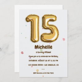 Convite Festa de aniversário de 15 Gold Foil Balloon e Con