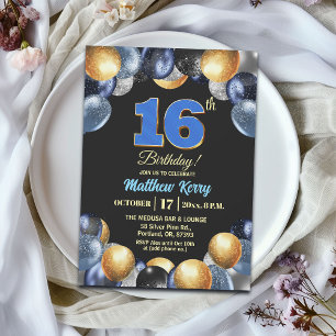 Convite Festa de Aniversário de 16 Anos Azul Prata Dourado