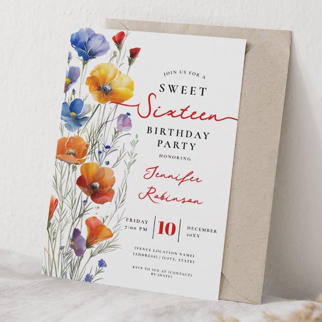 Convite Festa de Aniversário de 16 anos Boho Flores Silves (Sweet 16 Birthday Party Boho Wildflowers Invitation)