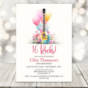 Convite Festa de Aniversário de 16 Anos com Guitarra e Bal