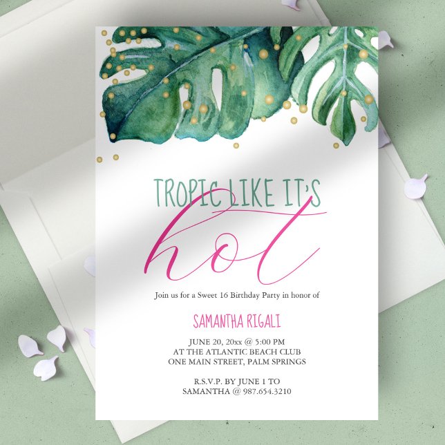 Convite Festa de Aniversário de 16 Anos com Tema Luau (birthday party sweet 16 tropical luau vibrant pink and green monstera palm leaves)