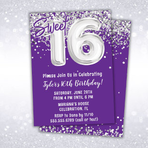 Convite Festa de Aniversário de 16 Anos Doce Roxo Prata