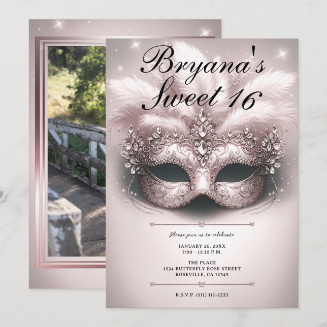 Convite Festa de Aniversário de 16 Anos Máscara Dourado Ro (Frente/Verso)