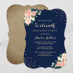 Convite Festa de Aniversário de 16 Anos Navy Gold Floral C