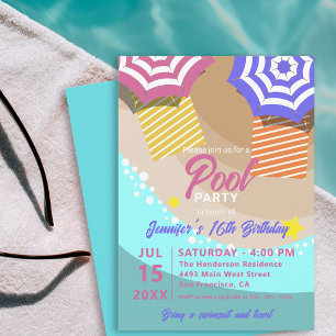 Convite Festa de Aniversário de 16 Anos no Verão na Piscin
