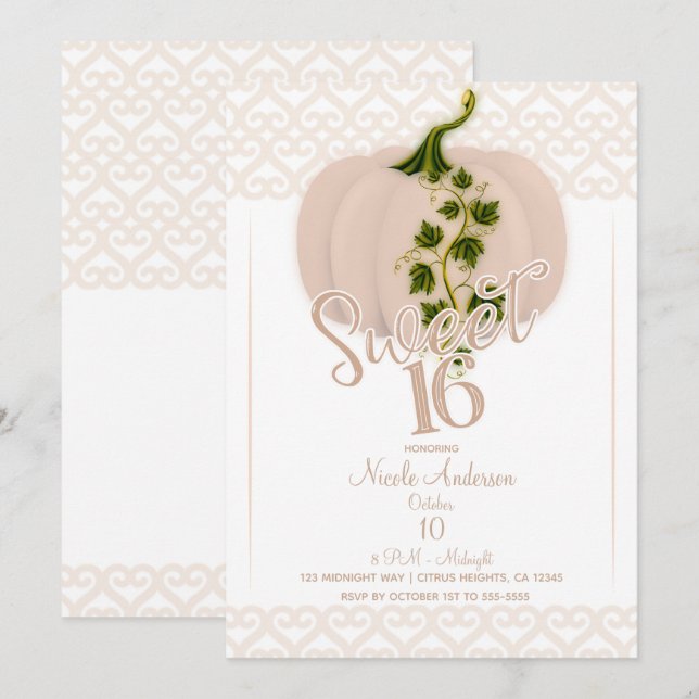 Convite Festa de Aniversário de 16 Anos Tema Abóbora Rosa  (Frente/Verso)