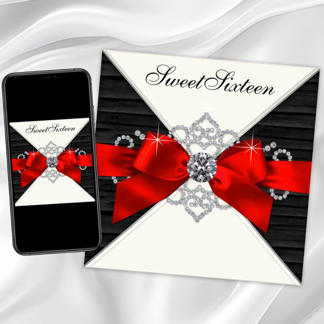 Convite Festa de Aniversário de 16 Anos White Diamonds Bla (Red and black Sweet 16 invitation with red bow and diamonds. Red and black any occasion invitation.)